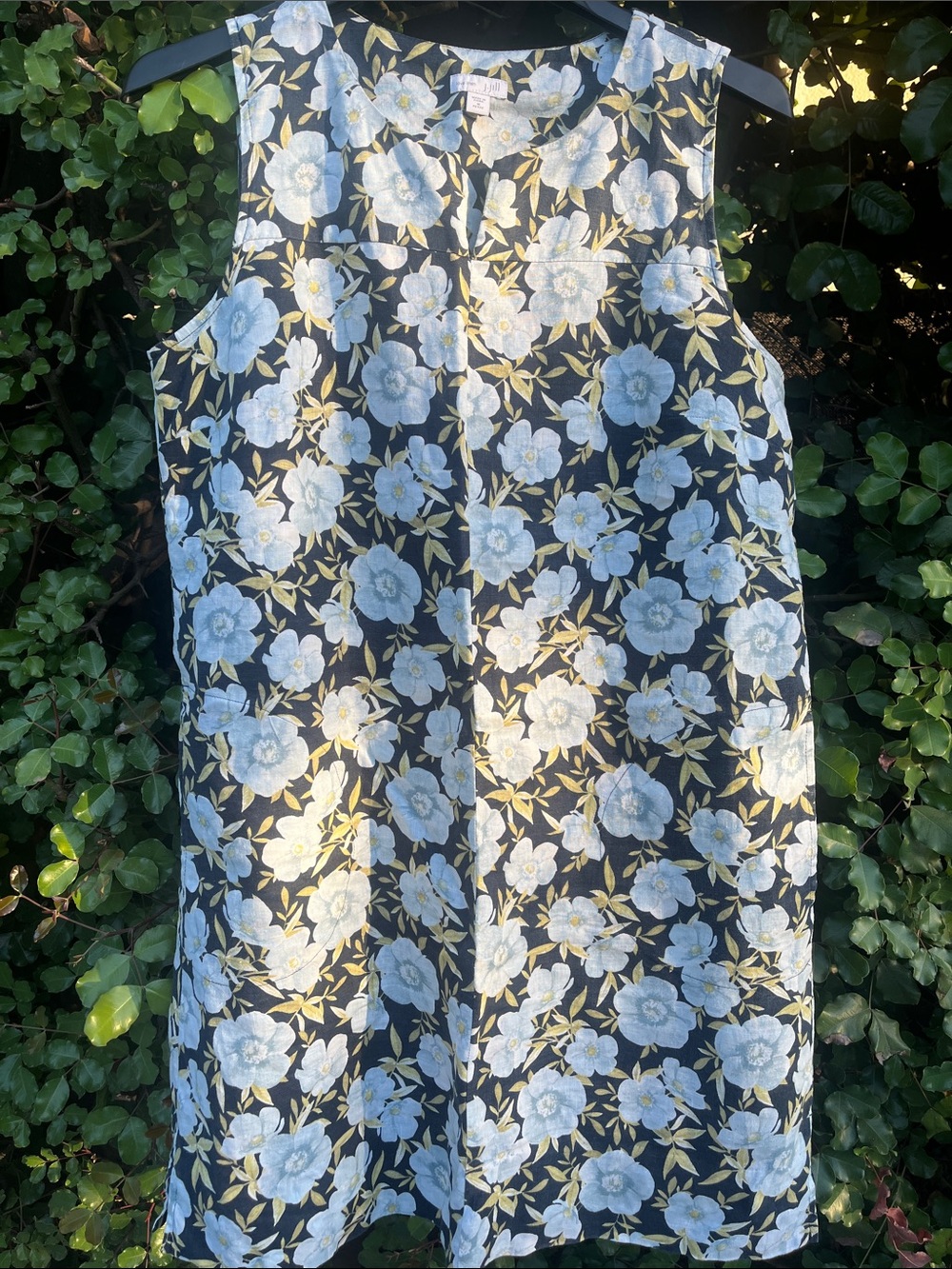 J. Jill Black Linen Blend Dress with Light Blue and Yellow Floral Print